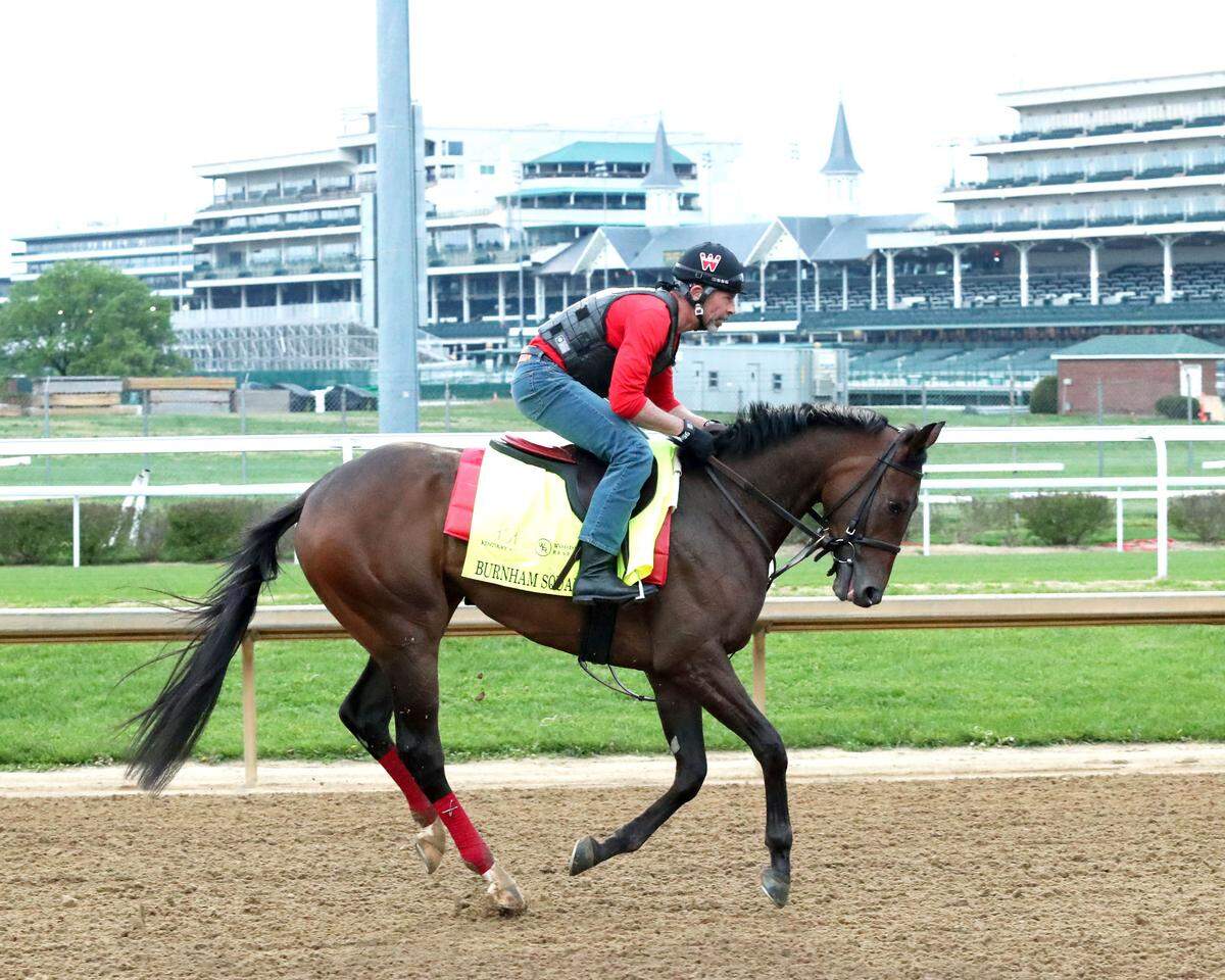 Kentucky Derby hopeful Burnham Square, winner of this year’s Blue Grass Stakes at Keeneland, works out at Churchill Downs in Louisville ahead of Saturday’s race.