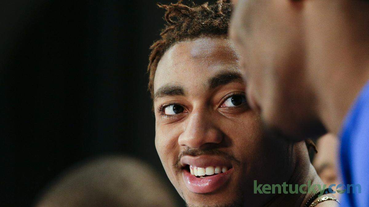 Kentucky Wildcats guard/forward James Young (1) joked with Dakari Johnson, during press conference's  at AT&T Stadium during the Final Four on Sunday April 6, 2014 in  Arlington, TX. Photo by Mark Cornelison | Staff