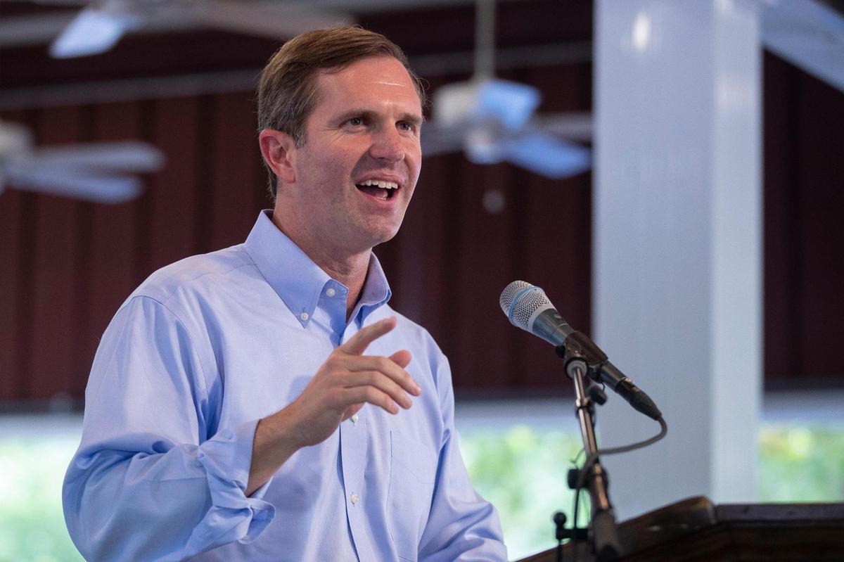 Kentucky Gov. Andy Beshear speaks during the annual St. Jerome Fancy Farm Picnic in Fancy Farm, Ky., on Saturday, Aug. 5, 2023.