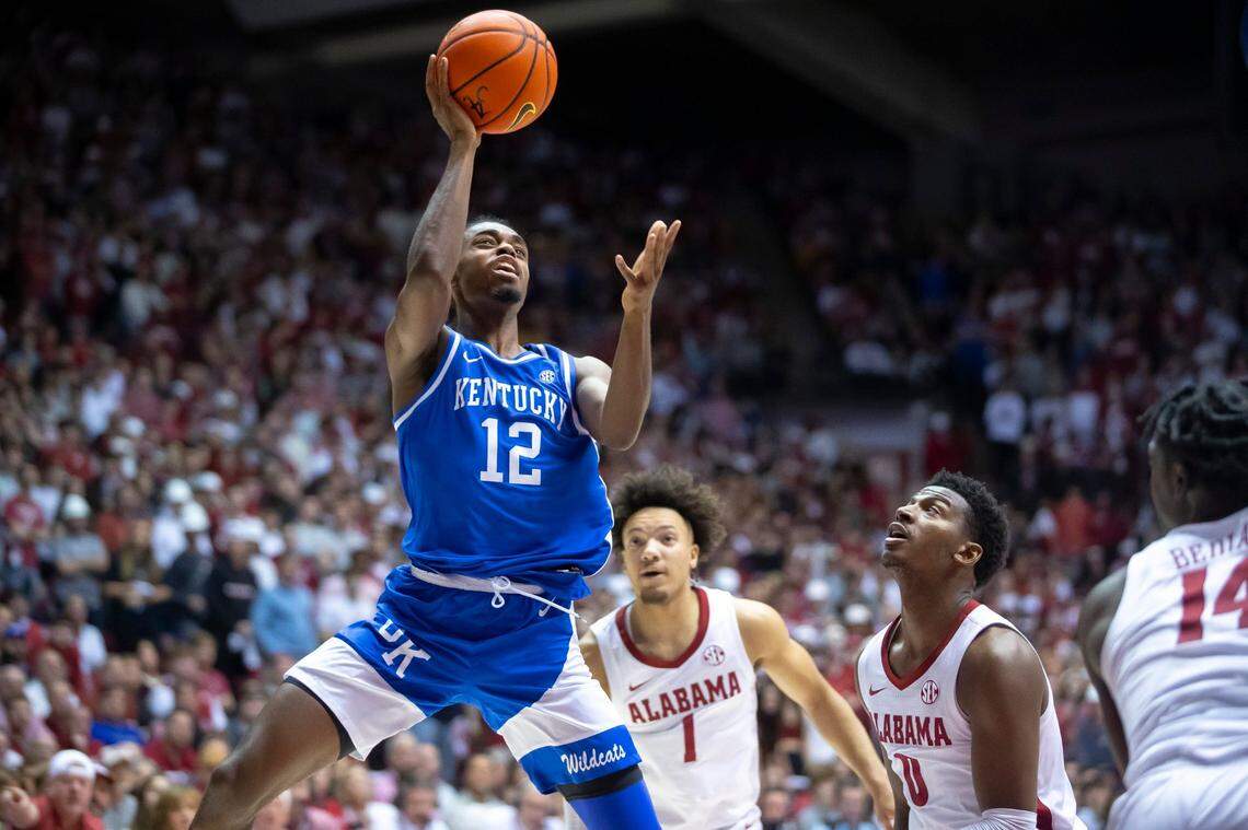 Antonio Reeves (12) came off the bench to score 20 of Kentucky’s 52 points in UK’s dispiriting 78-52 defeat to No. 7 Alabama in Tuscaloosa on Saturday.