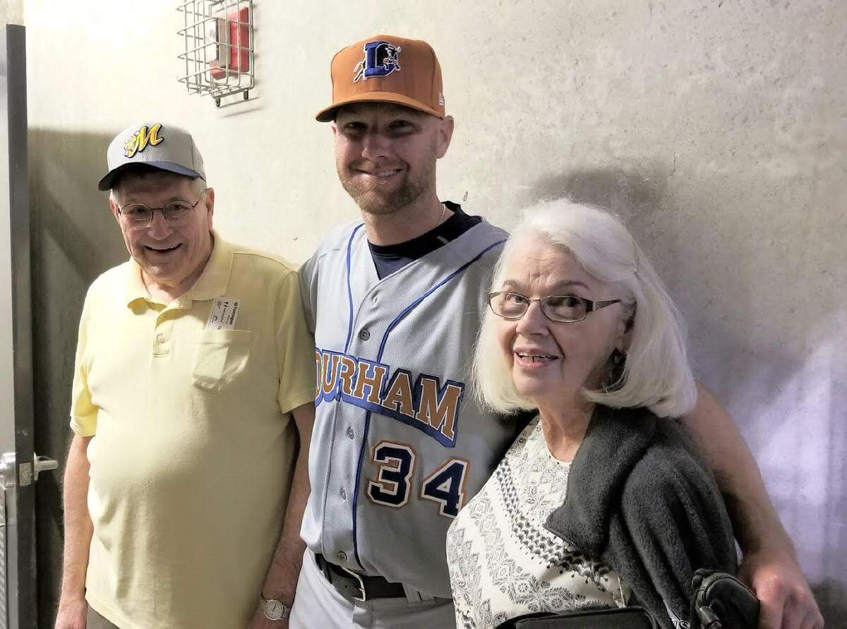 Lexington's Bob Venters, left, and his wife Kay went to Columbus earlier this season to see grandson Jonny Venters when he was pitching for the Triple-A Durham Bulls.
