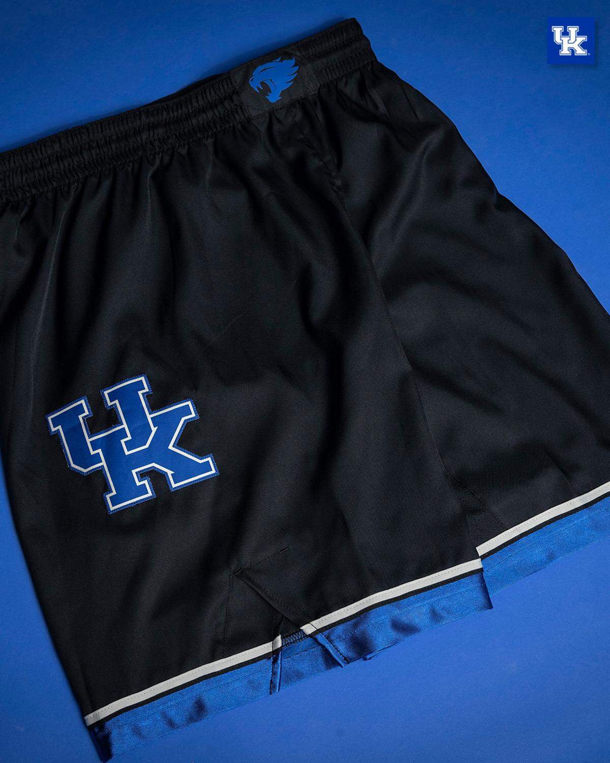 Kentucky men’s basketball will wear a new alternate black uniform for its game Wednesday night against Florida A&M. Pictured are the shorts as part of the uniform set, which feature the interlocking UK logo on the right side and the flying Wildcat head on the belt line.