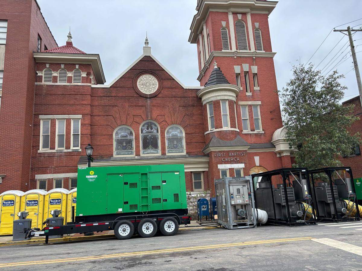 Recovery machinery sits along a street in Frankfort, Ky., April 11, 2025, after a multi-day rain event led to widepsread flooding in the state’s capital.