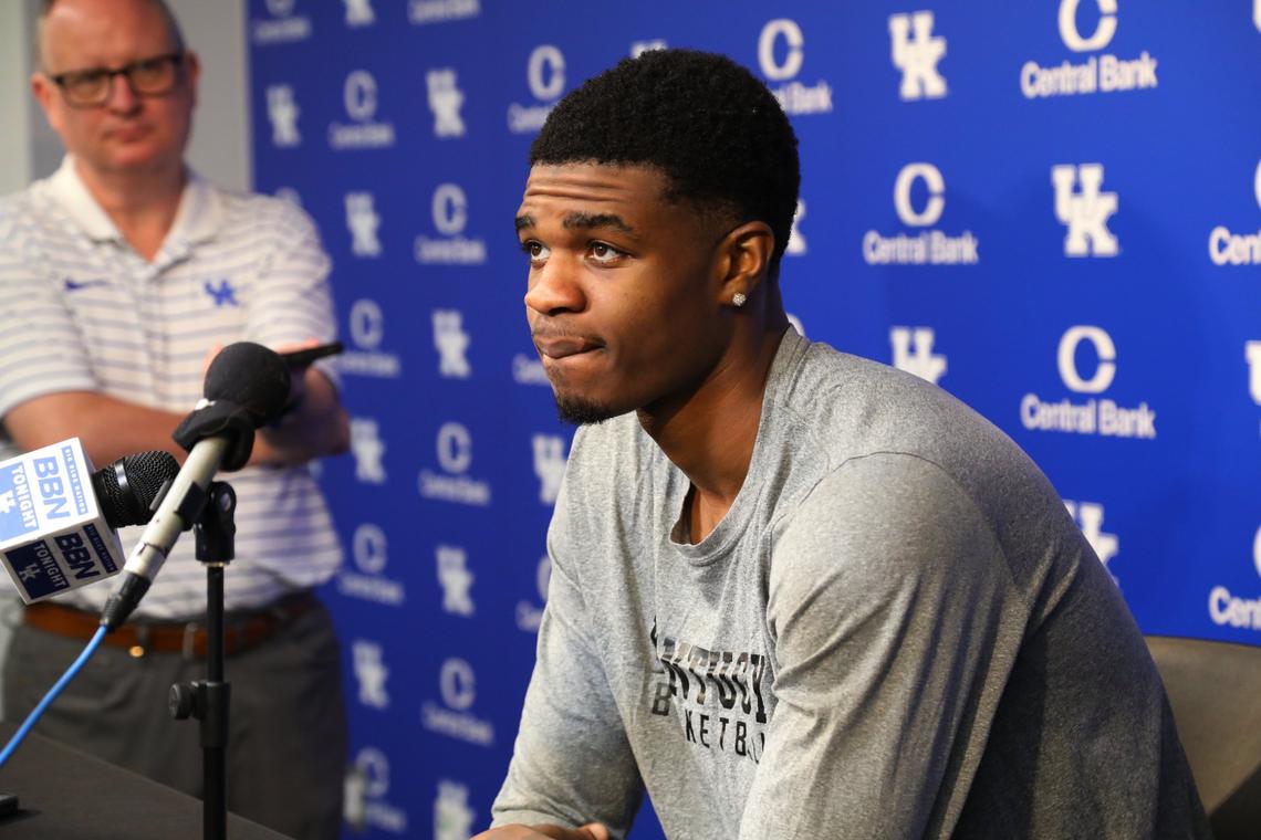 Otega Oweh talks to reporters in Lexington on Tuesday, a week before UK’s summer practice schedule is set to begin.