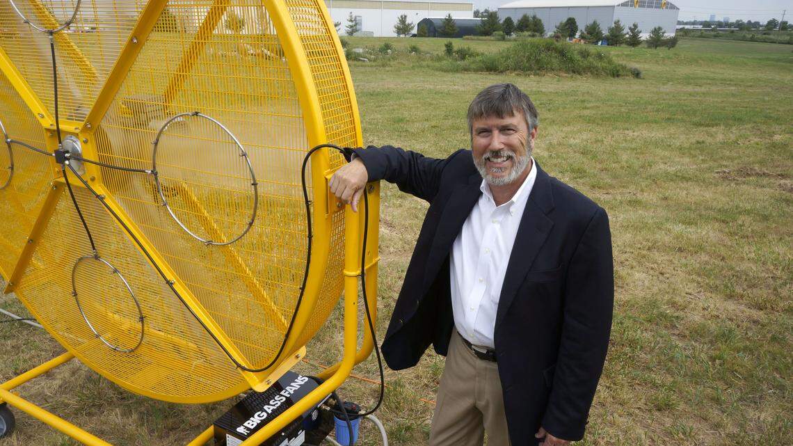 Carey Smith leaned on one of his products at the groundbreaking for a 72,000-square-foot expansion of Big Ass Fans on Jaggie Fox Way. The building will be used for offices, storage and warehousing. Smith hopes eventually to hire 300 more employees.