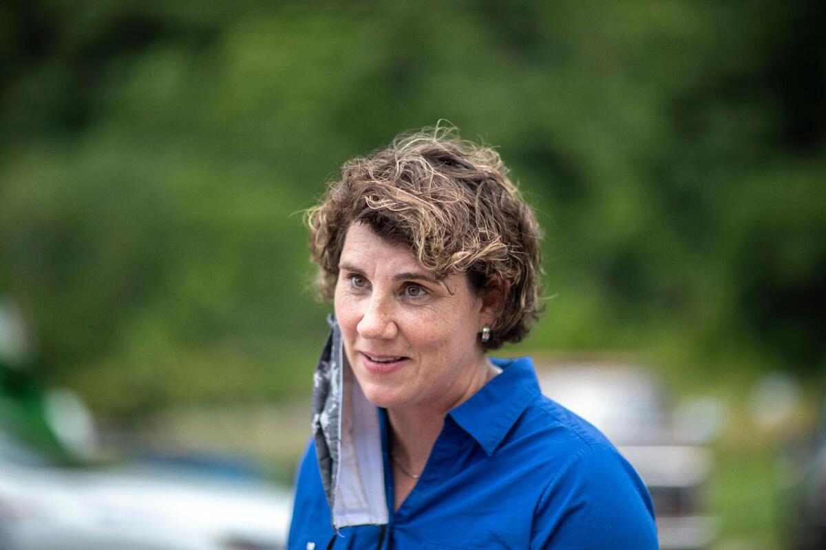 U.S. Senate candidate Amy McGrath speaks to members of the media after a visit to Thankful Hearts Food Pantry in Pikeville, Ky., on Monday, June 22, 2020.