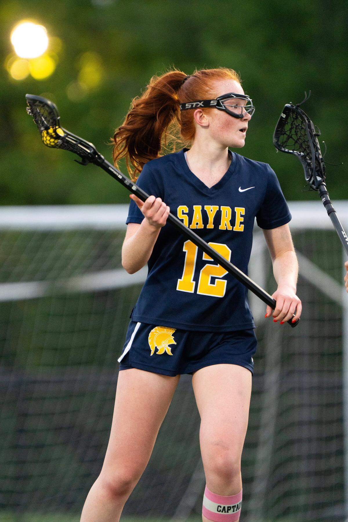 Sayre senior midfielder Avery Luring scored three goals in the Spartans’ 10-8 victory against Notre Dame on Monday night during the KHSAA girls lacrosse state semifinals at Shelby County High School.
