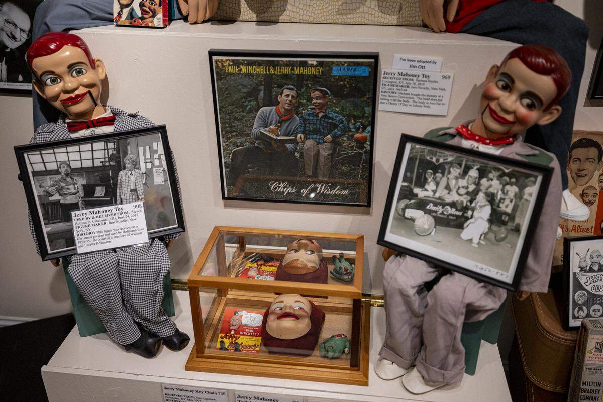 Various versions of Paul Winchell’s dummy, Jerry Mahoney, during a tour on Tuesday, Aug. 12, 2025, at Vent Haven Museum in Fort Mitchell, Ky. 