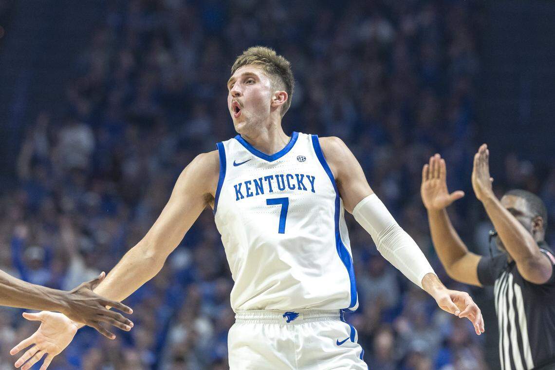 Kentucky forward Andrew Carr reacts after making a 3-pointer against Wright State at Rupp Arena on Monday night.