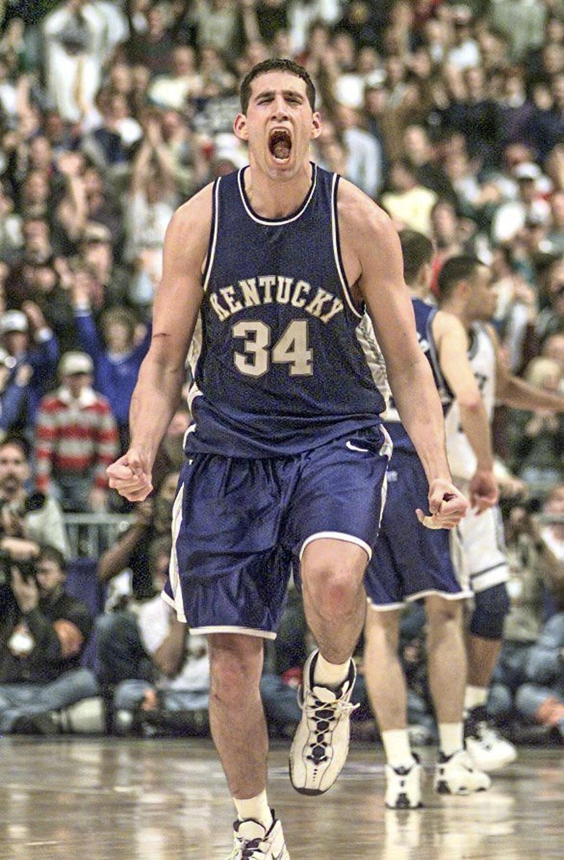 Scott Padgett celebrated after making a three-pointer that gave Kentucky the lead for good in an 86-84 victory over Duke in the NCAA Tournament South Region finals in St. Petersburg, Fla., on March 23, 1998.