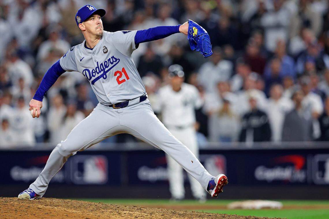 Walker Buehler pitches for the Dodgers during the ninth inning of Game 4 of the World Series against the Yankees.