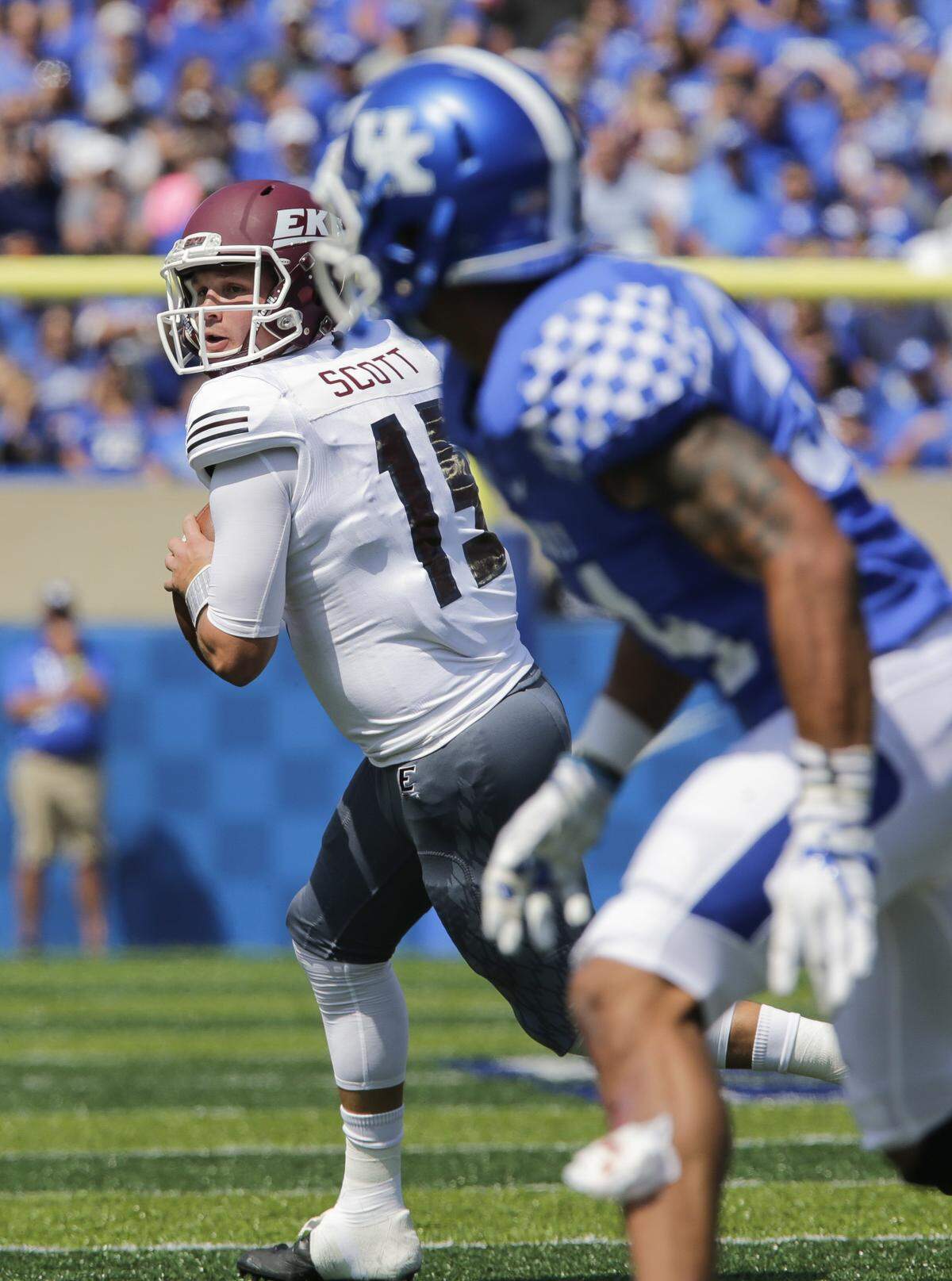 Austin Scott was 7-for-8 for 54 yards with no touchdown passes and no interceptions in Eastern Kentucky’s 27-16 loss at Kentucky last season. Scott has the most experience of any of EKU’s seven QBs.