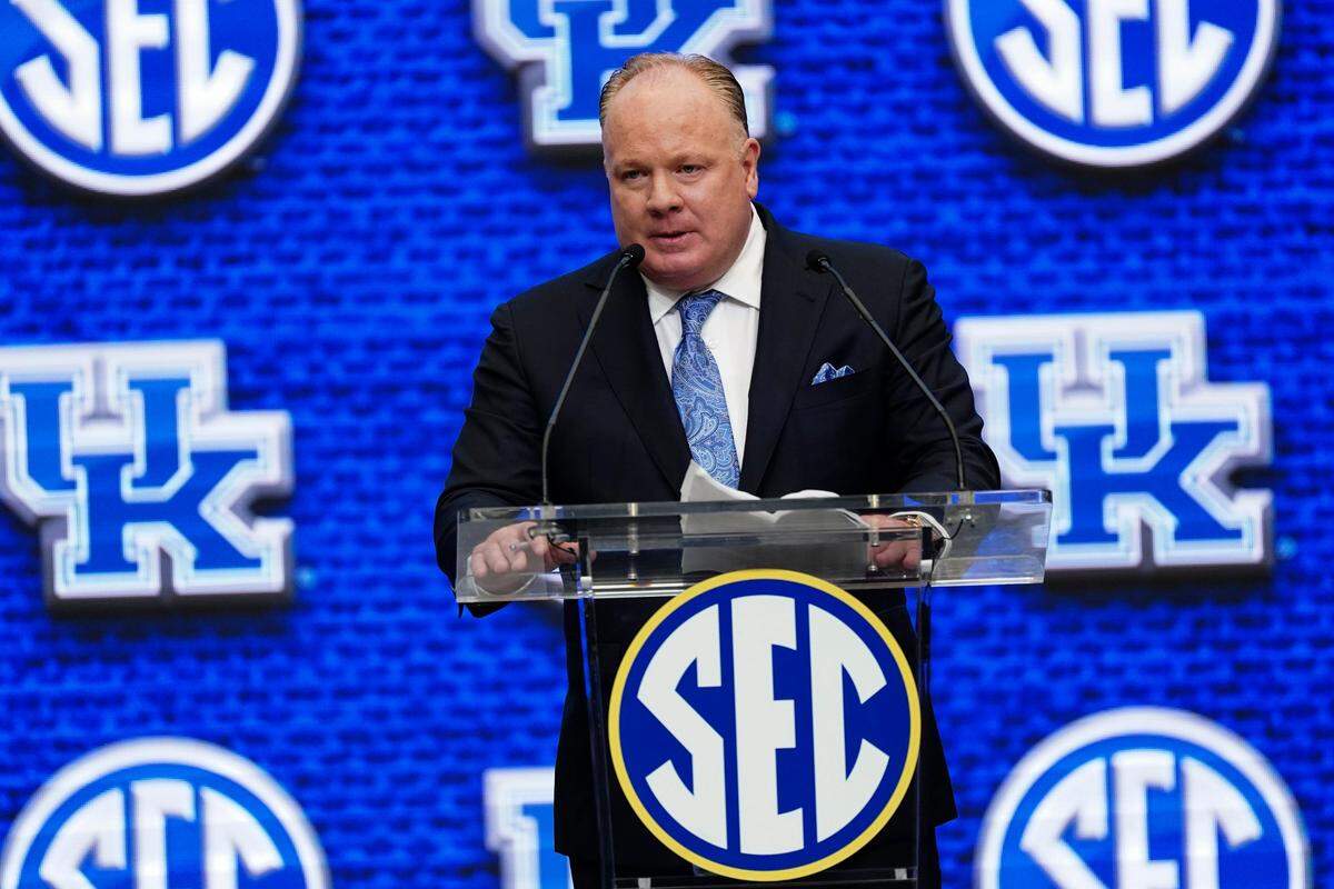 Kentucky head coach Mark Stoops speaks during the Southeastern Conference’s media days on Wednesday in Atlanta.