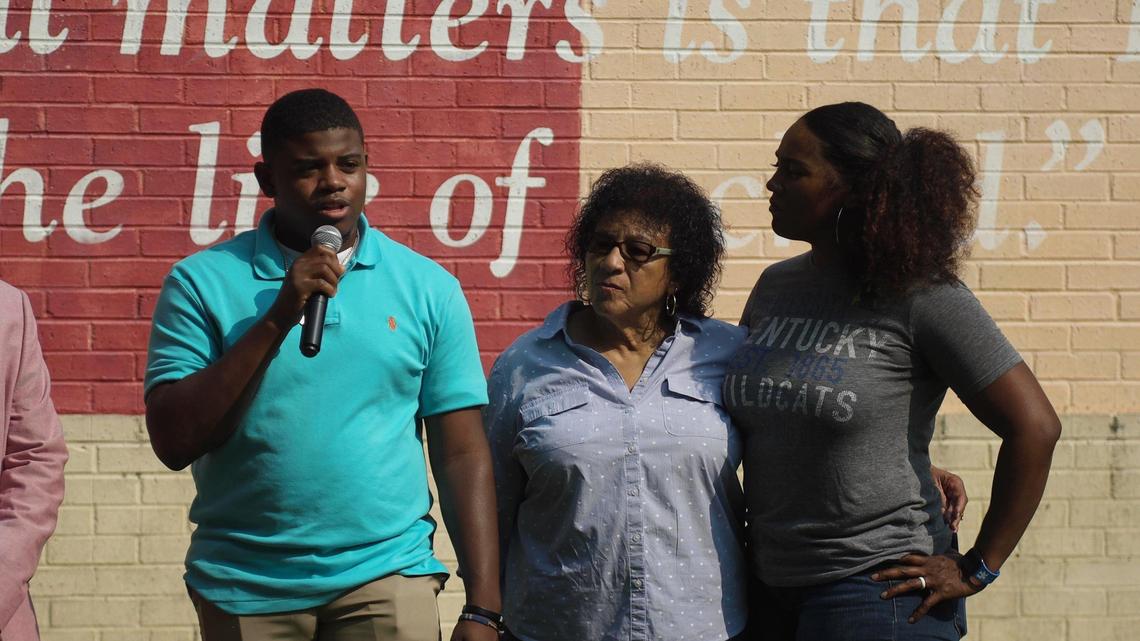 Ricardo Franklin speaks to media about dedicating a mural honoring his mother Anita Franklin, an activist against gun violence, designed by Keaton Young in Duncan Park, July 22, 2021. Anita became an activist after losing her son to gun violence. Anita had passed away in early 2020.