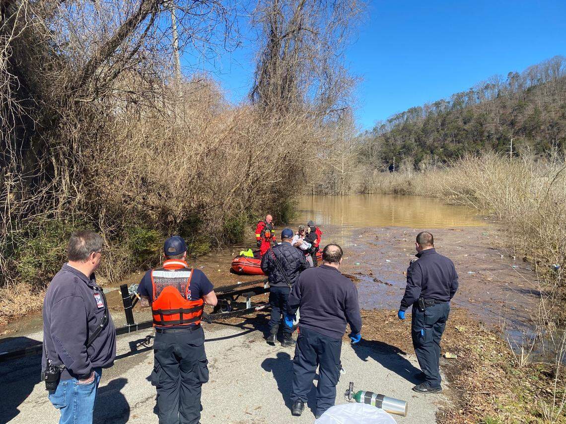 Floyd County Emergency Management crews rescue an elderly woman who was experiencing chest pains from her home off of Cliff Road in Prestonsburg. As of Tuesday morning, the county responded to 79 flood-related calls.