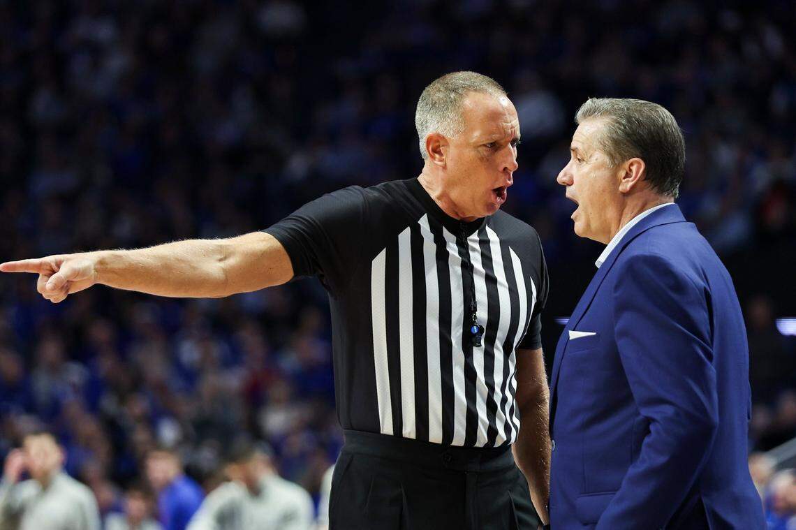Referee Don Daily talks with Kentucky head coach John Calipari during a game in Rupp Arena this season. Calipari’s Wildcats are 21-8 overall and 11-5 in the SEC entering Wednesday’s Senior Night contest against Vanderbilt in Lexington.