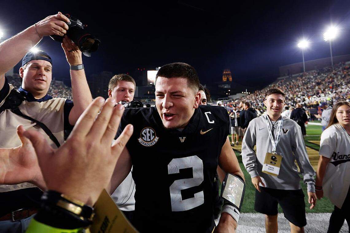 NASHVILLE, TENNESSEE - NOVEMBER 08: Diego Pavia #2 of the Vanderbilt Commodores celebrates after an overtime victory against the Auburn Tigers at FirstBank Stadium on November 08, 2025 in Nashville, Tennessee. (Photo by Johnnie Izquierdo/Getty Images)