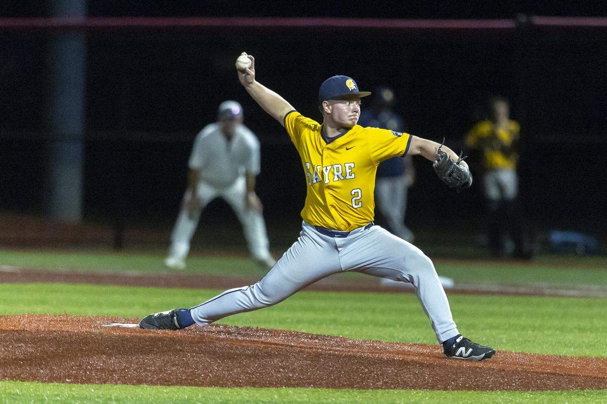 Sayre's Camden Stout (2) pitches during the 11th Region Baseball Tournament Championship at George Rogers Clark High School in Winchester, Ky., on Thursday, May 28, 2026.
