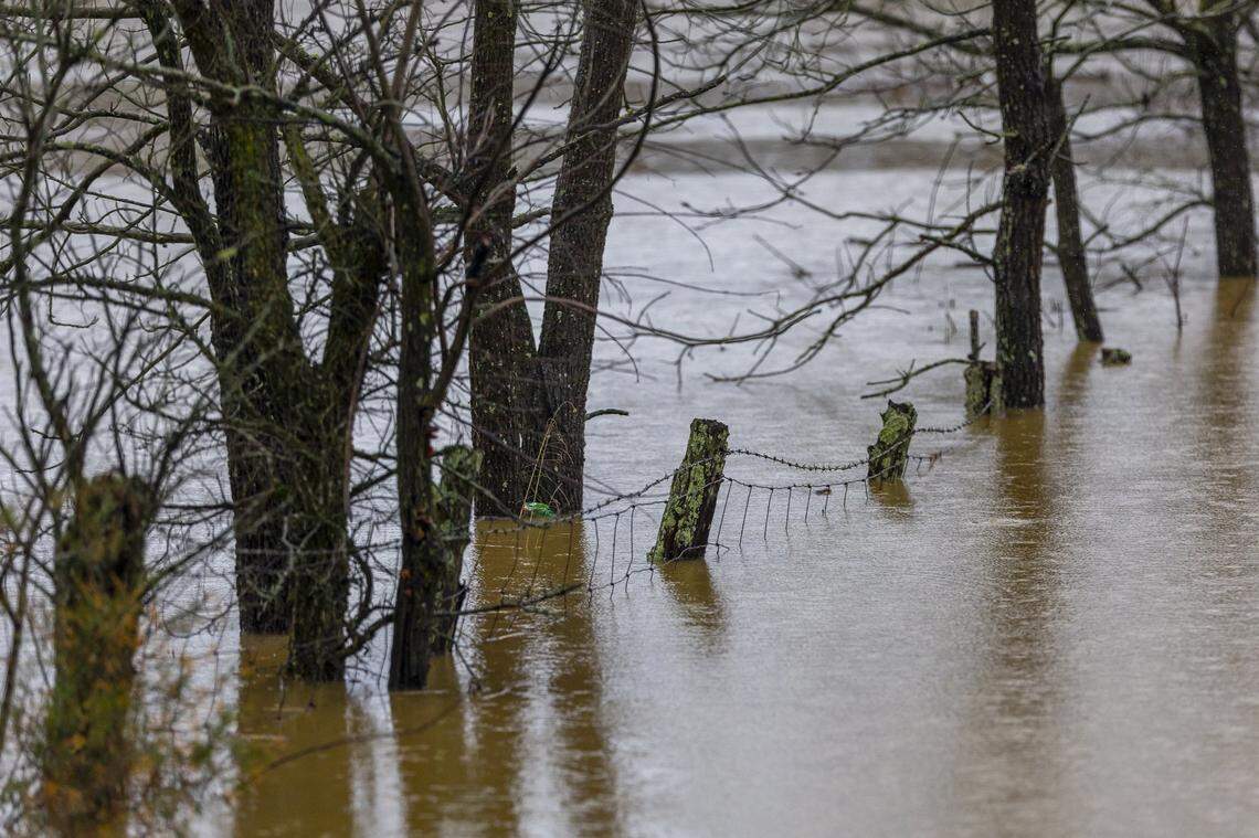 Walnut Flat Creek floods a field near Preachersville Road in Lincoln County, Ky., on Friday, April 4, 2025.