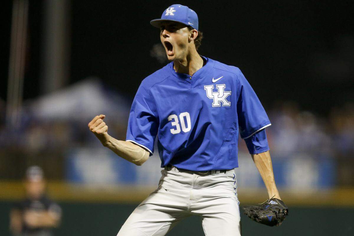 Sean Hjelle celebrated a strikeout during Kentucky's victory over North Carolina State in the NCAA Tournament Lexington Regional at Cliff Hagan Stadium in 2017. The win sent UK to the super-regional round for the first time ever.