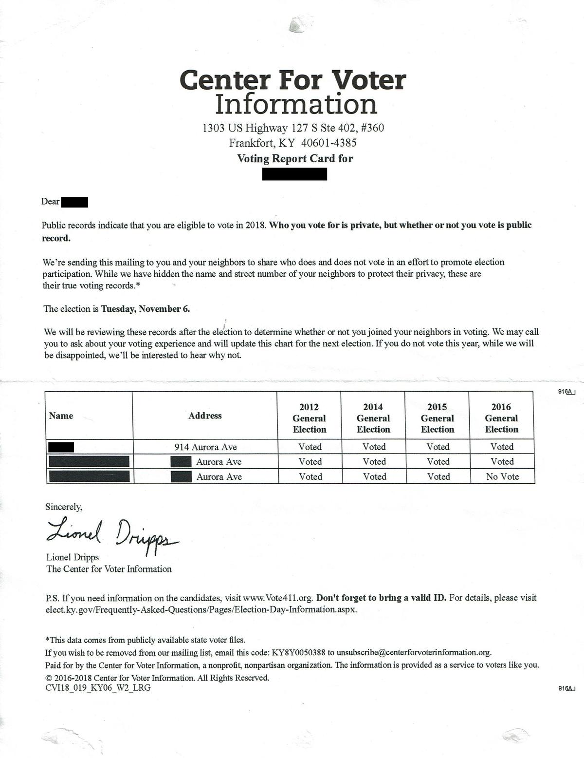 This mailer from the Center for Voter Information was sent to a Lexington resident.