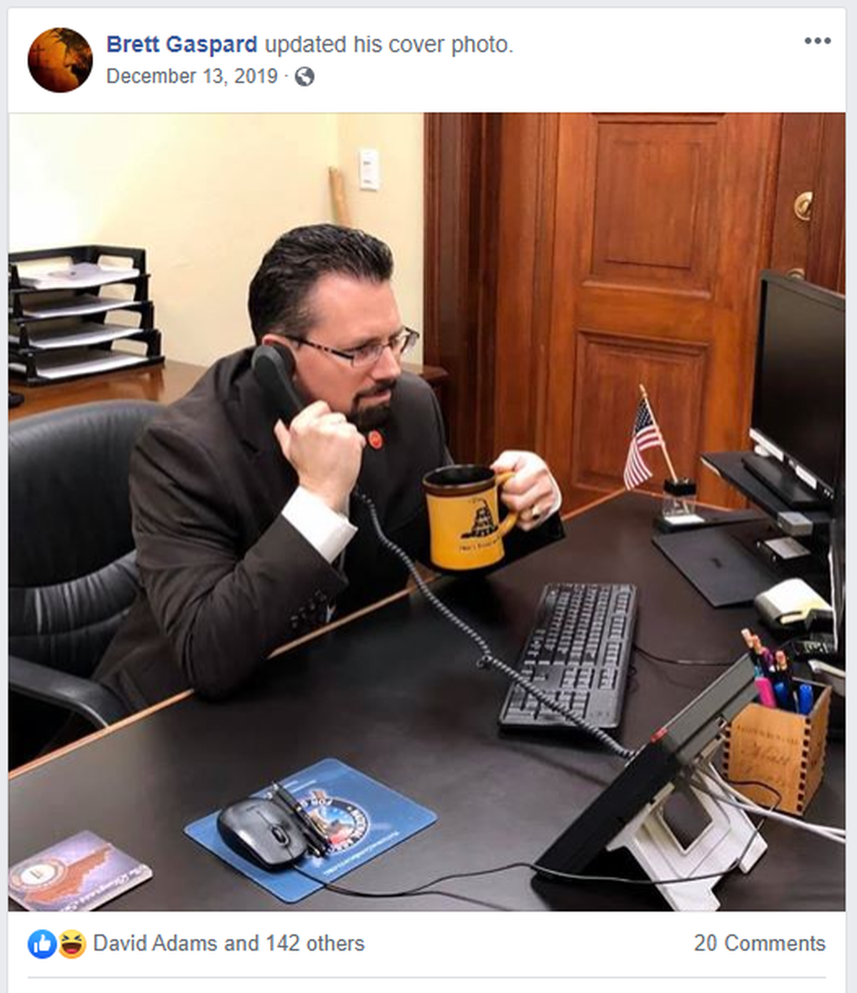 Brett Gaspard posted this photo of himself working in the Kentucky Capitol on Facebook on Dec. 13, 2019, four days after Gov. Matt Bevin left office.