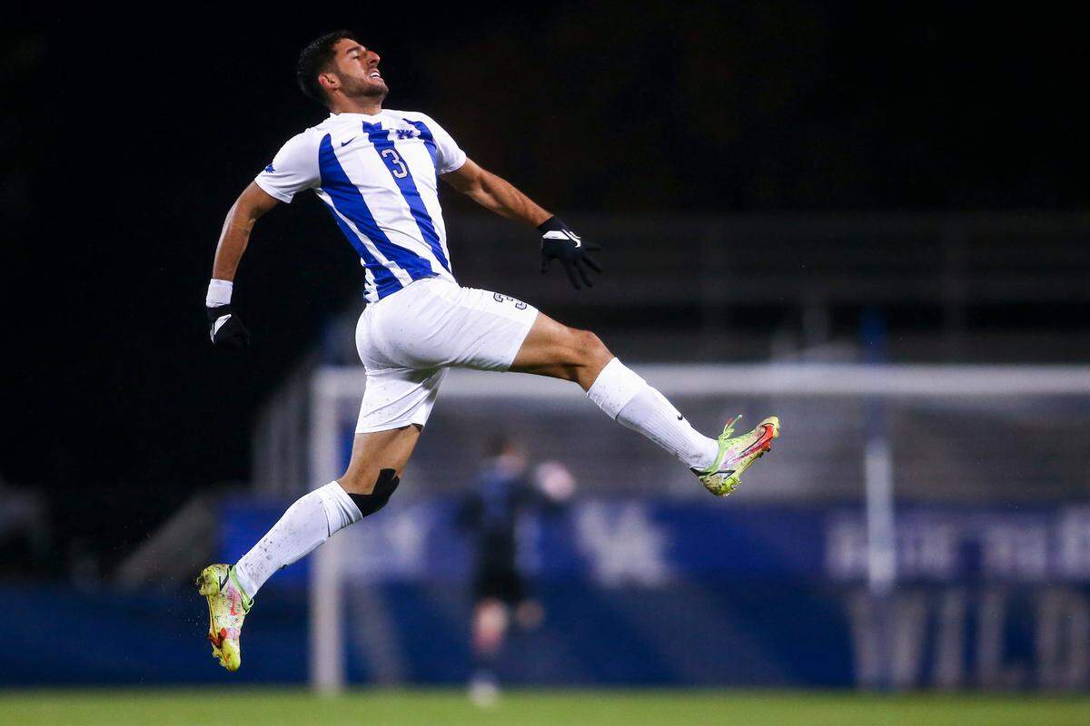 Kentucky graduate student defender Lucca Rodrigues celebrates after opening the scoring for UK during its home NCAA Tournament second-round win over Santa Clara. The Wildcats have reached the round of 16 in the NCAA Tournament for the third time in four years.