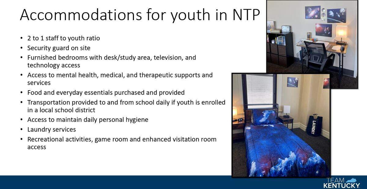 A slide from a Cabinet for Health and Family Services presentation to a legislative committee in February that shows an example of a room inside a Cabinet office building made to look like a bedroom where children under care of the state have been housed.