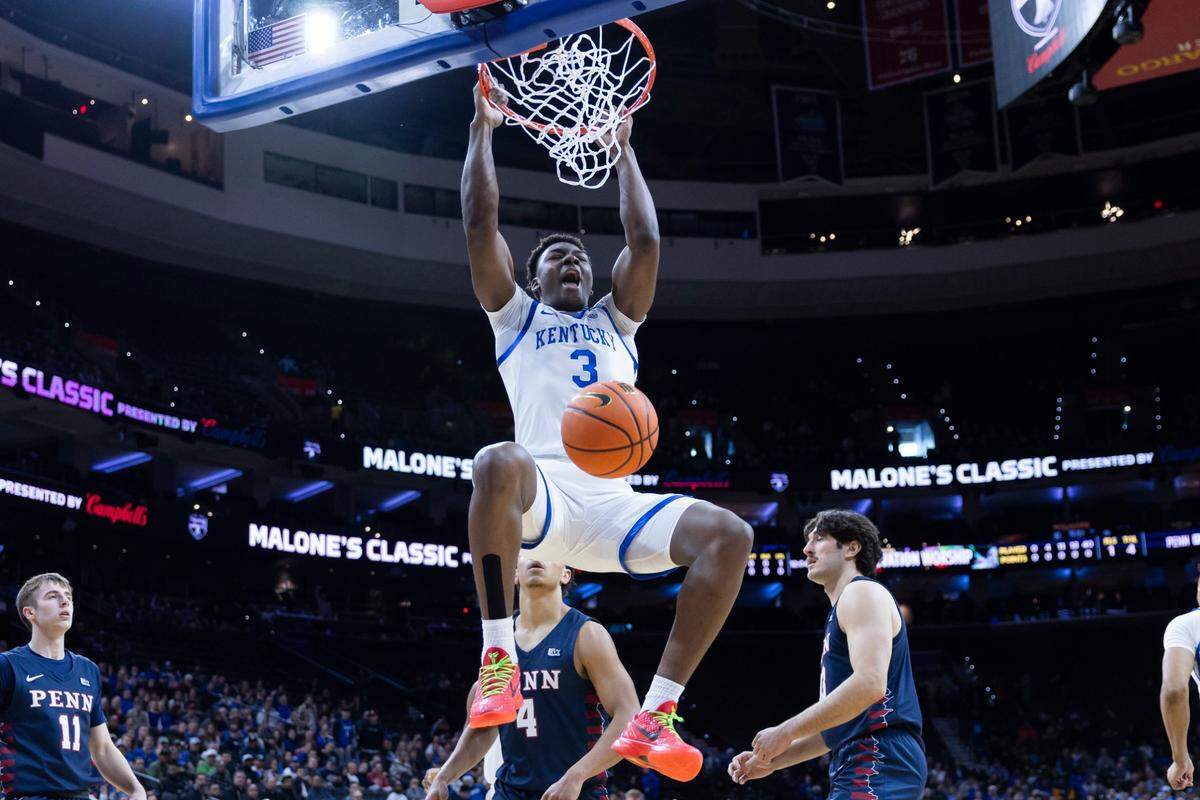 Kentucky guard Adou Thiero dunks against Pennsylvania during a game at the Wells Fargo Center in Philadelphia on Dec. 9, 2023.