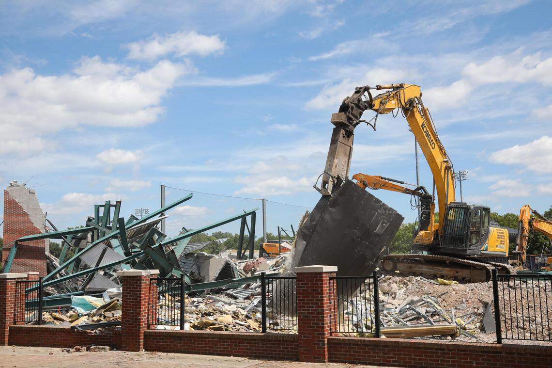 Cliff Hagan Stadium, the former home of UK baseball, is shown during the demolition process on Thursday. A new indoor track and field facility for Kentucky will be built on the site formerly used by the stadium.