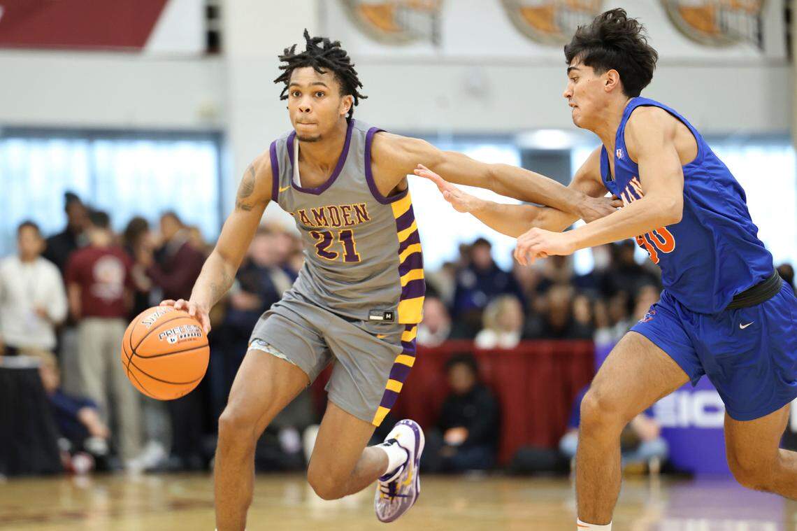 Camden’s D.J. Wagner #21 in action against Bishop Gorman during a high school basketball game at the Hoophall Classic, Monday, January 16, 2023, in Springfield, MA. (AP Photo/Gregory Payan)