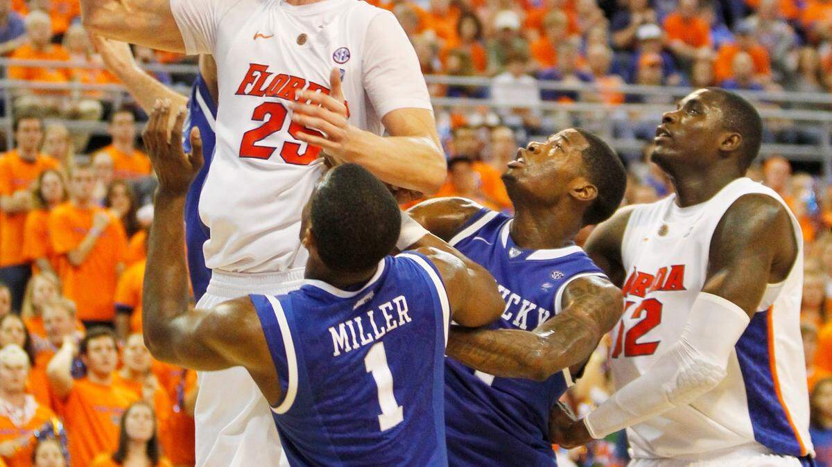 Florida's Chandler Parsons grabbed the rebound in the second half of the Kentucky at Florida men's SEC basketball game at O'Connell Center in Gainesville, Fla., on Saturday Feb. 5, 2011.  Florida won 70-68. Photo by Pablo Alcala | Staff