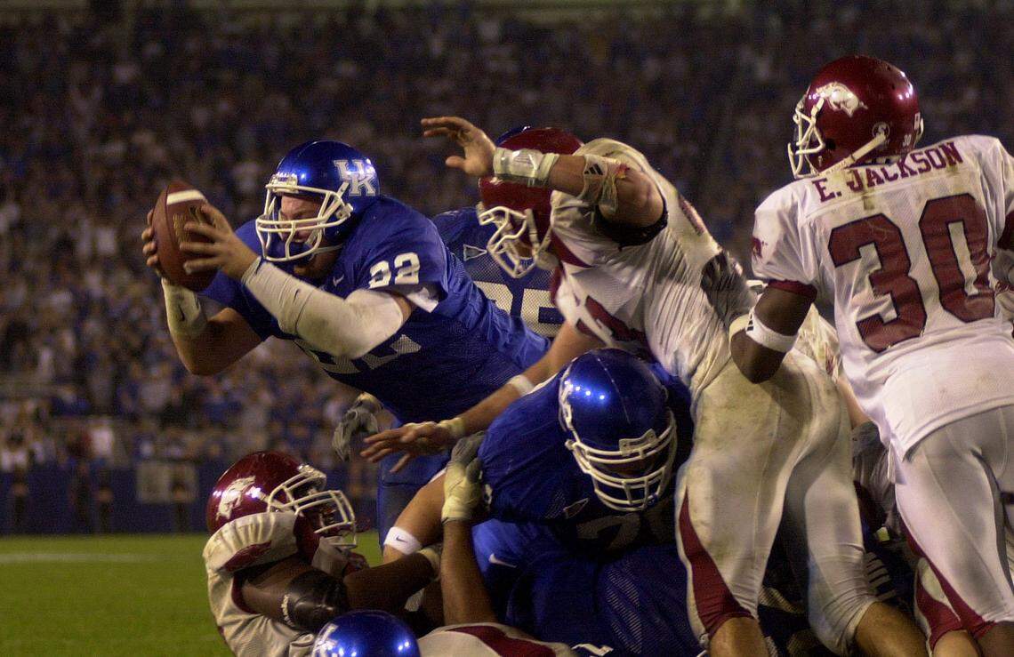 UK quarterback Jared Lorenzen’s second effort scores a touchdown in the fourth overtime of a loss to Arkansas at Commonwealth Stadium on Nov. 1, 2003.