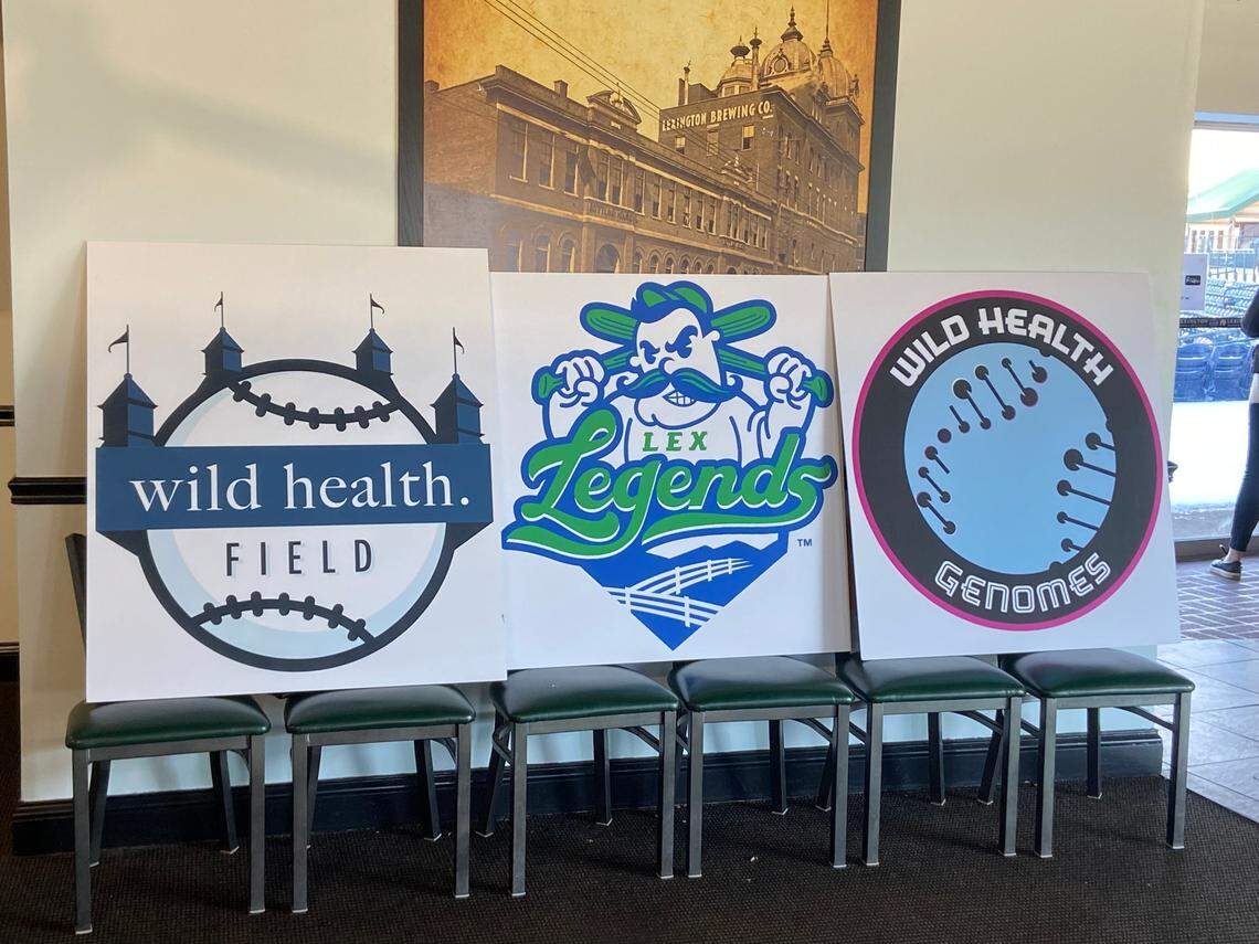 Logos are displayed for Wild Health Field, the Lexington Legends and the Kentucky Wild Health Genomes, during a media conference Tuesday. The Legends and Genomes will both be playing in the Atlantic League of Professional Baseball this season at Wild Health Field.