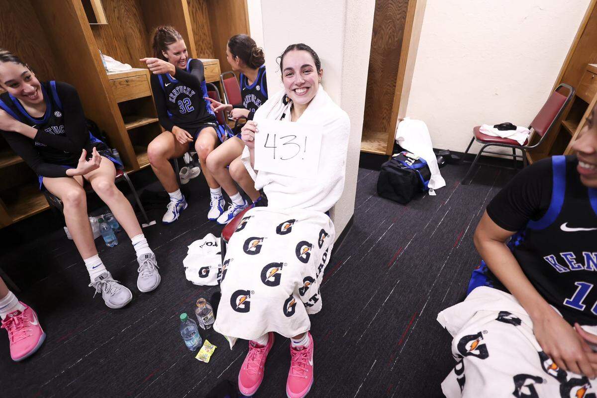 Georgia Amoore in the Kentucky locker room after she tied the UK single-game scoring record with 43 points in a 95-86 win at Oklahoma on Feb. 2, 2025.