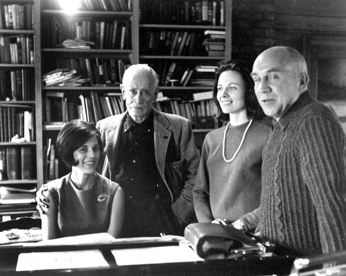 Author and monk Thomas Merton, right, visited with John Jacob Niles, singer Jacqueline Roberts and accompanist Janelle Dishman, left, at Niles’ Boot Hill Farm near Lexington in 1968, shortly before Merton’s accidental death. Niles set many of Merton’s poems to music, with Roberts’ voice in mind.