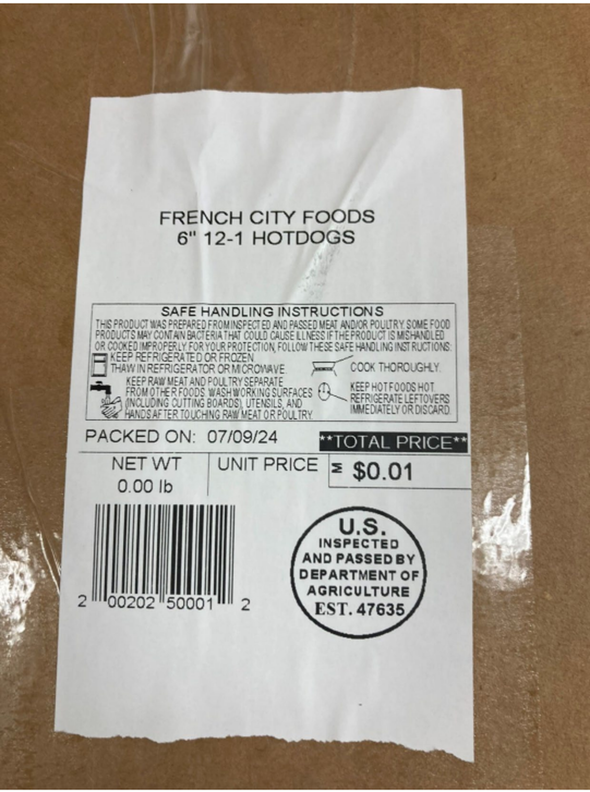 Packaging on one of the hotdog products subject to recall, according to the USDA. The recall notice was issued on July 17, 2024.