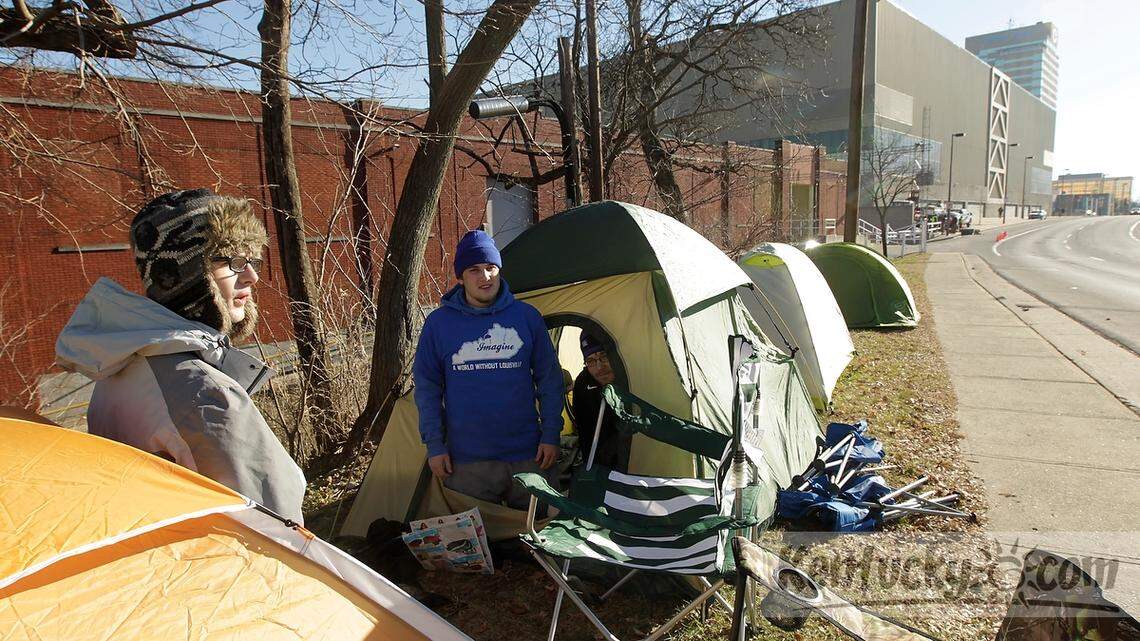 Weston Woodward, left Nick Jordan, center and Hampton Young, all UK sophomores camped out near Rupp Area for the Kentucky Louisville basketball game in Lexington, Ky., on Dec. 27, 2013. The campers had eRUPPtion zone tickets and wanted to make sure they were in the front row. Photo by Pablo Alcala | Staff