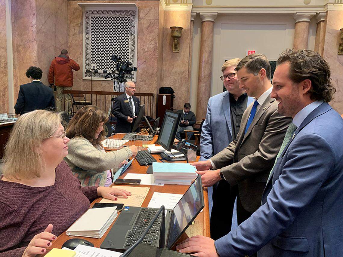 From right: House Appropriations and Revenue Vice Chairs Josh Bray and Adam Bowling join Chairman Jason Petrie in filing HB 6, the House budget proposal, on Tuesday, January 16, 2024.