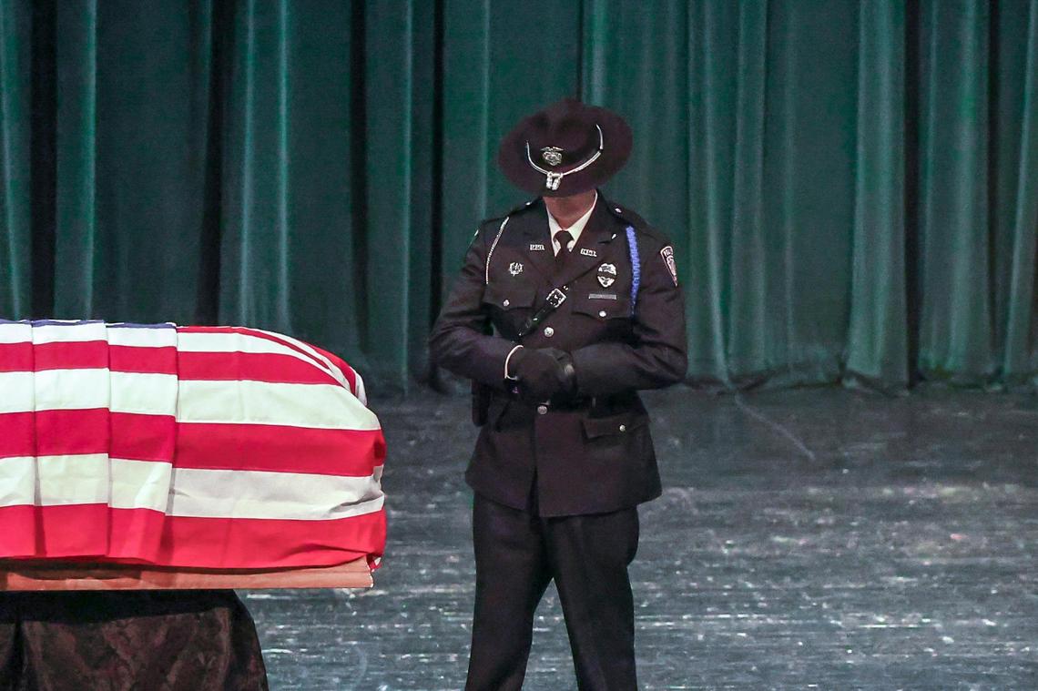 Mourners attend a funeral for Prestonsburg Police Officer Ralph Frasure at the Mountain Arts Center in Prestonsburg on Wednesday, July 6, 2022. Frasure was killed when a man with a rifle opened fire on police attempting to serve a warrant Thursday.