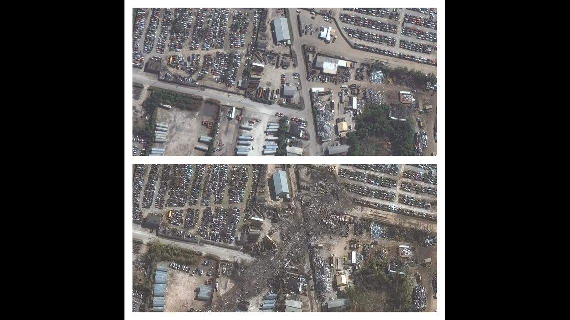 Satellite imagery shows the before and after comparison of Grade A Auto Parts in Louisville, Ky. on Nov. 4, 2025.