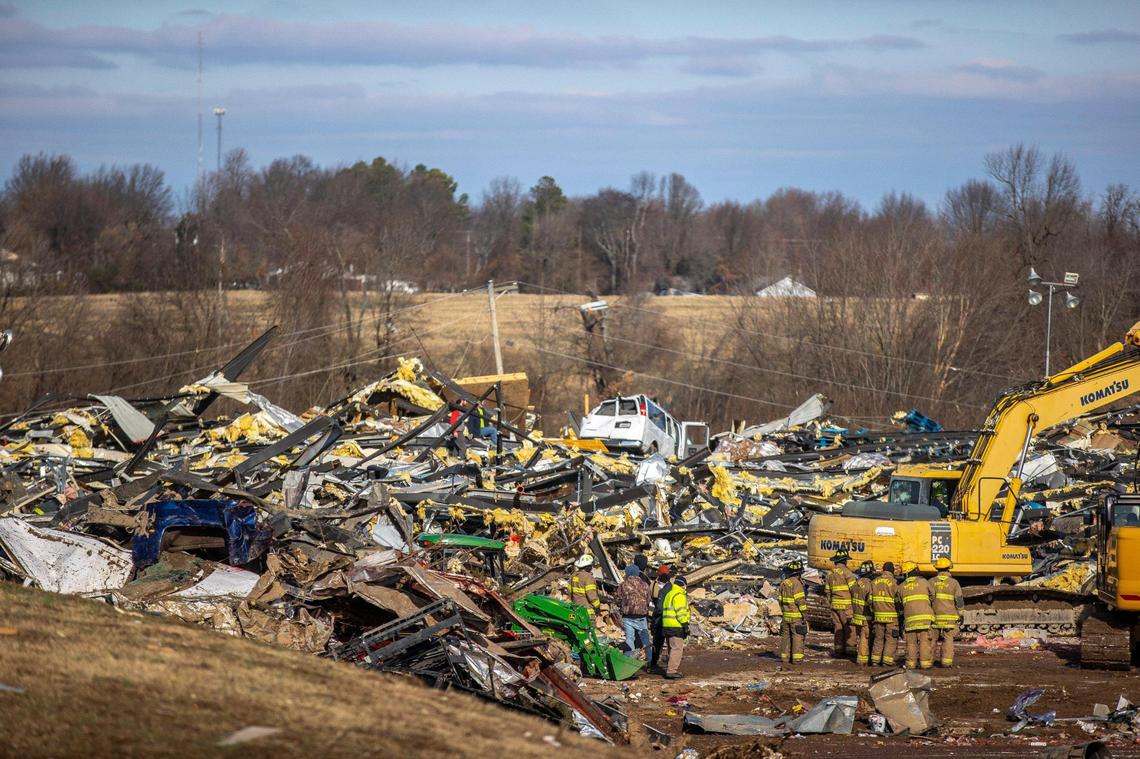 Search are rescue efforts are underway at Mayfield Consumer Products, a candle factory, Saturday, Dec. 11, 2021, after a tornado traveled through the region Friday night.