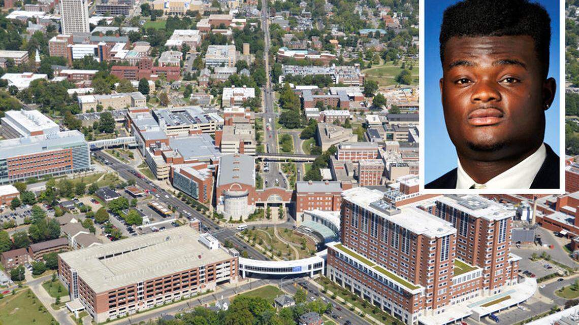 Lloyd Tubman, inset, and an aerial photo of the University of Kentucky campus.