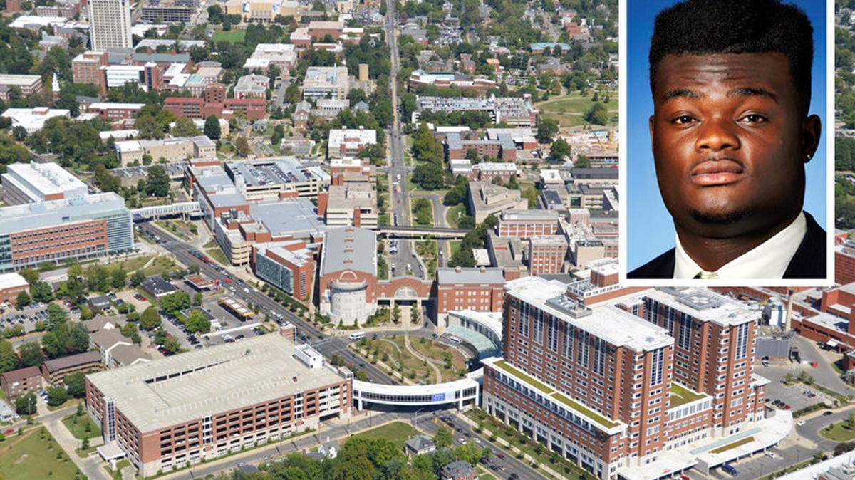 Lloyd Tubman, inset, and an aerial photo of the University of Kentucky campus.