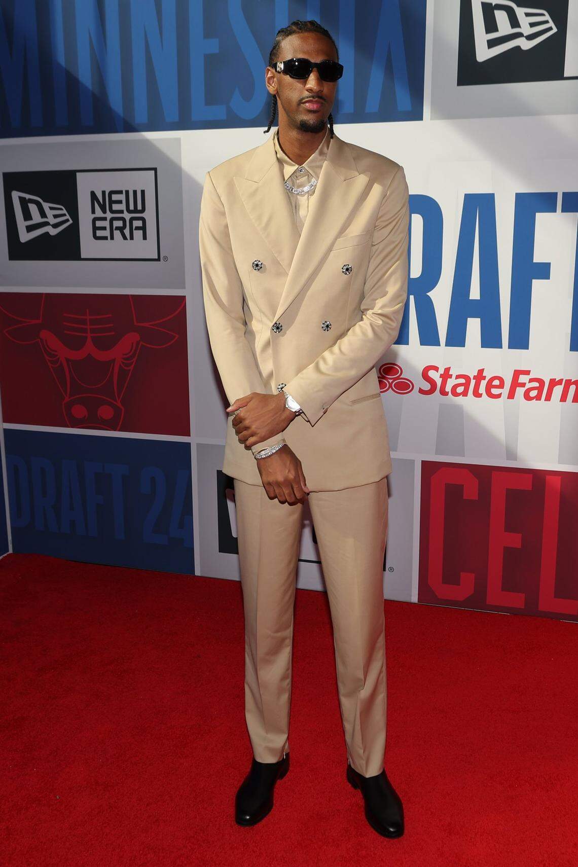 Jun 26, 2024; Brooklyn, NY, USA; Alex Sarr arrives before the first round of the 2024 NBA Draft at Barclays Center. Mandatory Credit: Brad Penner-USA TODAY Sports