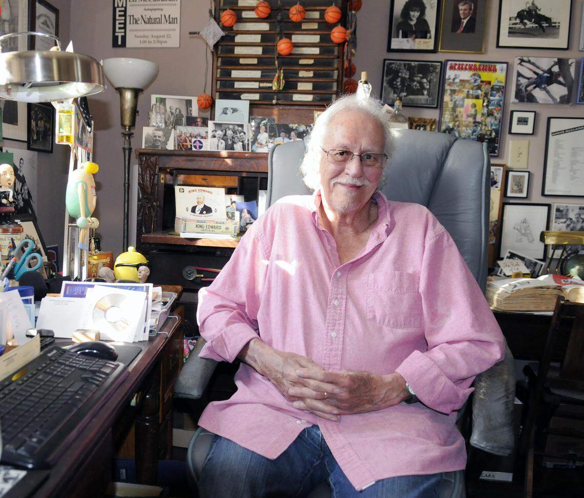 Writer Ed McClanahan works in his home office in Lexington, surrounded by memorabilia from this colorful life.