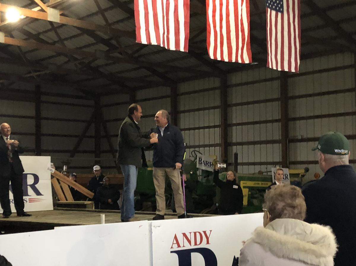 U.S. Rep. Andy Barr, R-Lexington, welcomes House Majority Whip Steve Scalise, R-Louisiana, to Versailles for a rally in Kentucky’s Sixth Congressional District