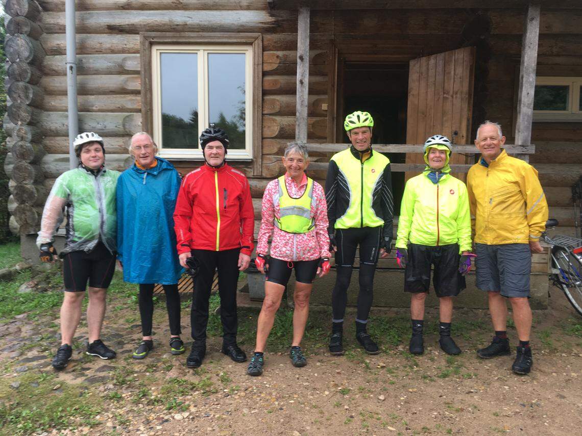 One day we cycled almost continuously in the rain, rewarded at the end of the day by stopping at a rural retreat with a banya, or steam bath. Our guide, Timothy, who rode with us is on the left. I am in the middle. Members of the group came from Canada, England, Wales and Norway as well as the U.S.