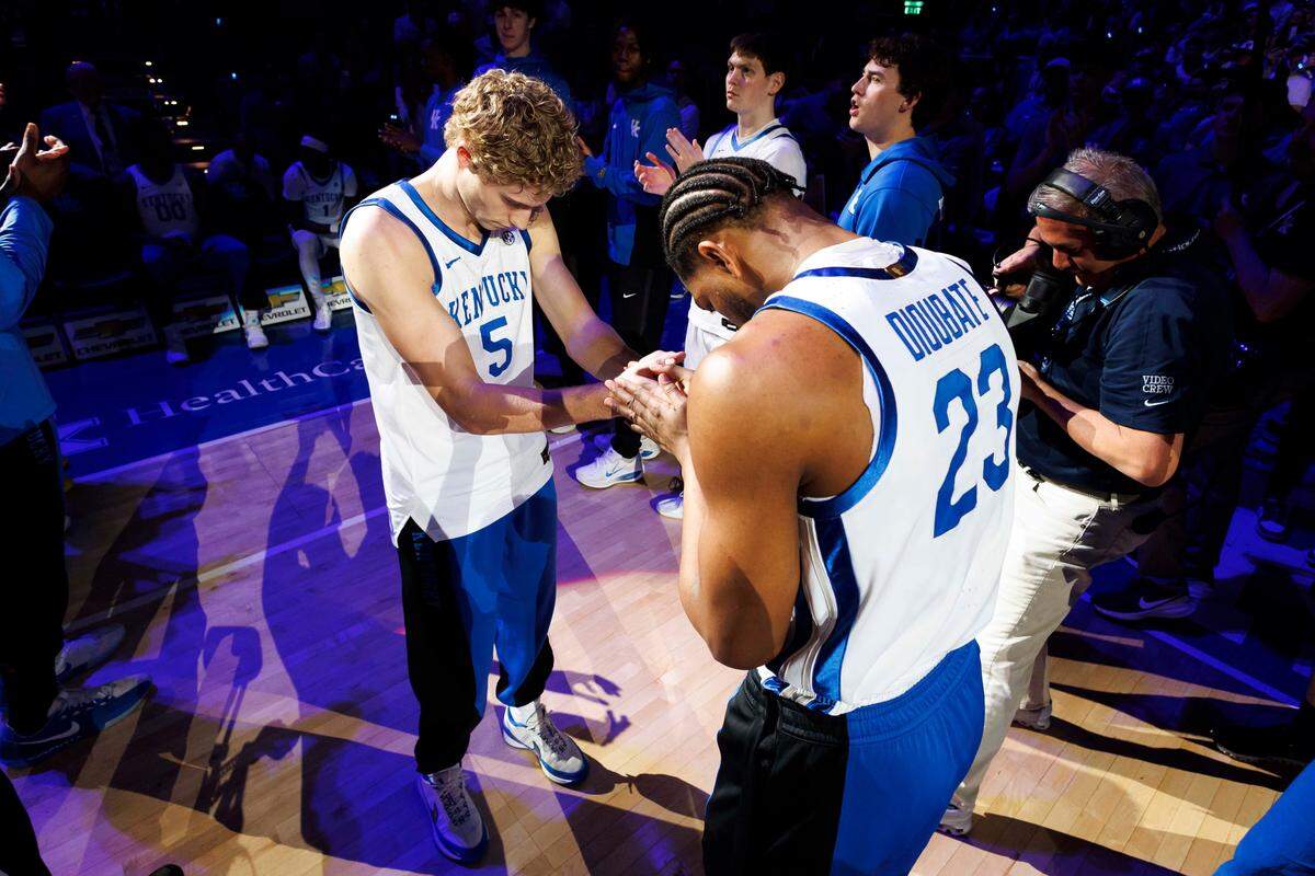 Kentucky sophomore guard Collin Chandler (left) and junior forward Mo Dioubate complete a pregame handshake routine prior to UK’s home loss to Florida on Saturday, March 7, 2026, at Rupp Arena in Lexington, Kentucky.