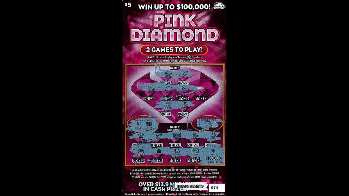A Lexington, Ky., man recently won $100,000 pre-tax on this Pink Diamond Kentucky Lottery scratch-off ticket.